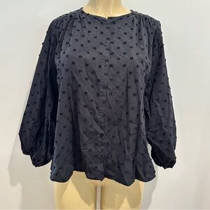 Zara Swiss Dot Blouse Sz M Black Long Sleeves Cotton Button Front Top Shirt